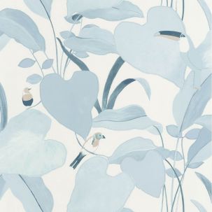 Papier peint Oiseau Tropical Amazonie Bleu Doux Argent