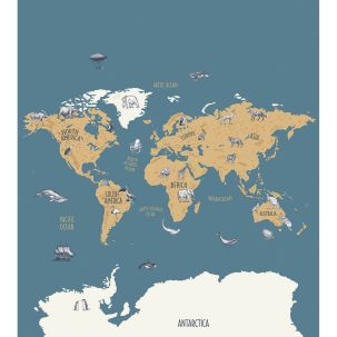 Décor panoramique Carte du Monde Animaux 5 Panneaux Bleu Beige