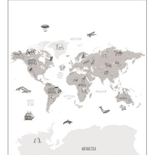 Décor panoramique Carte du Monde Animaux 5 Panneaux Noir et Blanc