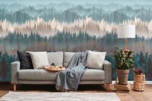 Décor panoramique Forêt impression textile, Bleu Beige, 3 Panneaux