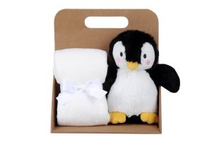 Plaid enfant Pingouin Noir + peluche 75 x 75 cm